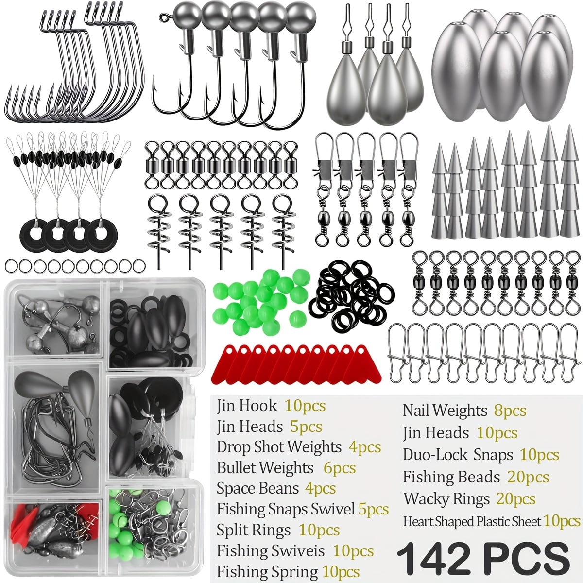 All-in-One Fishing Accessory Kit with Tackle Box, Lead-Head Jigs, Fish Hooks, Sinker Weights, Connectors and Swivels, Portable Fishing Gear for Freshwater Saltwater Angling