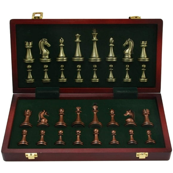 Chess Set, Large Metal Deluxe Chess Retro Copper Plated Alloy Chess Adult Set Board Game Portable Wooden Box Storage Folding Chess Set