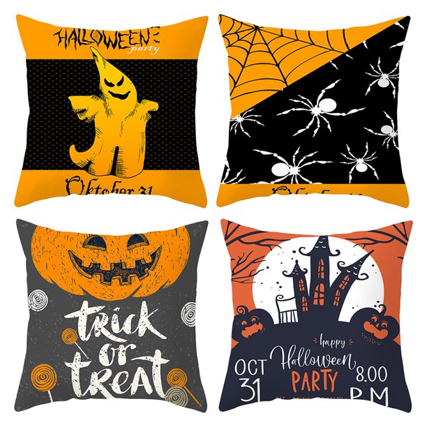 Funda De Almohada De Halloween Funda De Almohada Estampada De Calabaza De Araña Funda De Cojín De Lino Para Sofá Cama Decoración Del Hogar 4 Uds Inevent HA039748-01