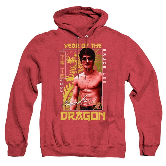 Bruce Lee Framed Year of the Dragon Unisex Adult Pull-Over Heather Hoodie ,Red, Medium