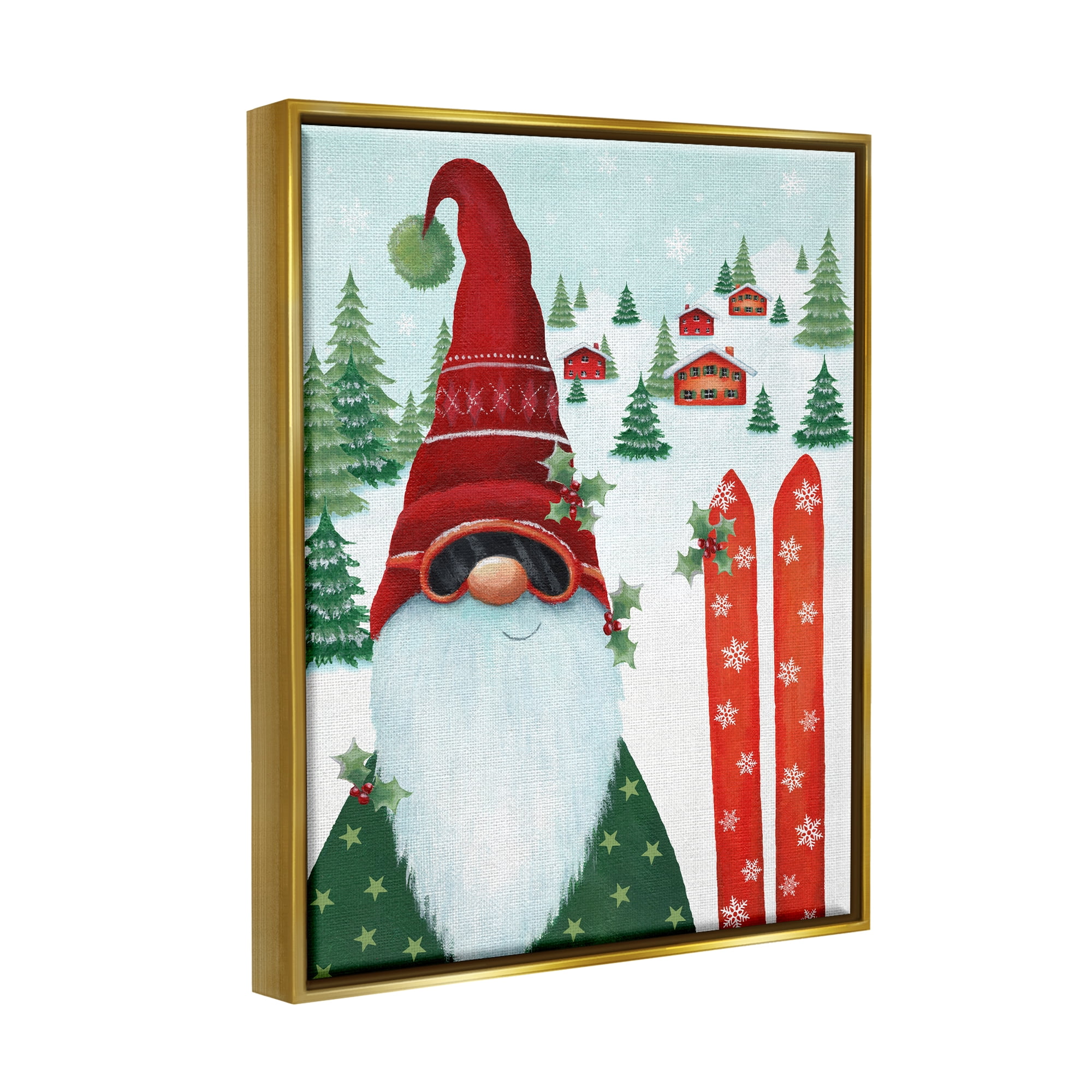 Stupell Industries Gnome Skiing Winter Slopes Holiday Painting Gold Floater Framed Canvas Art Print Wall Art, 17 x 21