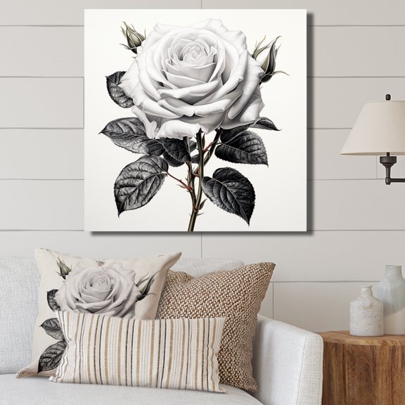 Designart "Monochrome Pencil Drawing of a Rose" Floral Wall Art - Traditional Grey Rose Living Room Canvas Art