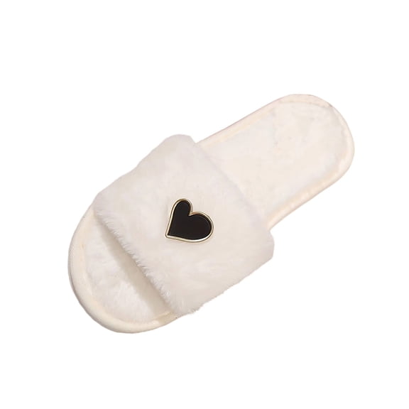 Risckoth Women's Fuzzy Slippers Heart Charm Detail Open Toe Plush Lined Indoor Slides