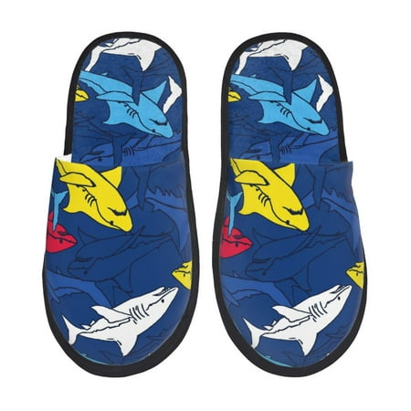 

Honeii Cartoon Shark print Slippers Memory Foam House Bedroom Slippers for Women and Men Fuzzy Plush Comfy Faux Fur Lined Slide Shoes-Large