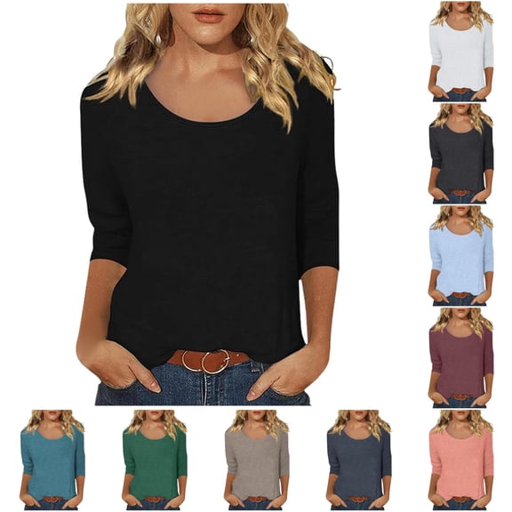 XAOFW Womens T Shirts Solid Color Scoop Neck 3/4 Sleeve T-Shirt Stretch Knit Basic Layering Casual Everyday Tees Soft Tops L