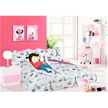Kids girls boys comforter set bed in bag white printed easy wash twin size 6 pieces super soft bedding décor