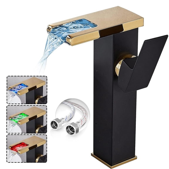 Black Gold Bathroom Sink Vessel Faucet LED Waterfall Spout Lavatory Vanity Mixer