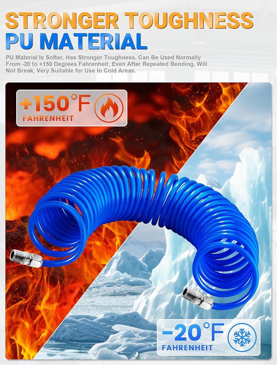 25 Feet Repairable PU Recoil Air Hose, Air Compressor Hose with 1/4" NPT Industrial Universal Quick Coupler and I/M Plug Kit, 200PSI Max Air Tool Hose