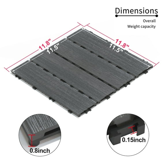 Patio Floor Tiles Pack of 11 WPC Wood-Plastic Composite Patio Deck Tiles DIY Interlocking Decking Tiles, Quick Deck Floor Tile, Court Tile, Water Resistant Indoor Outdoor -11.8" ASH