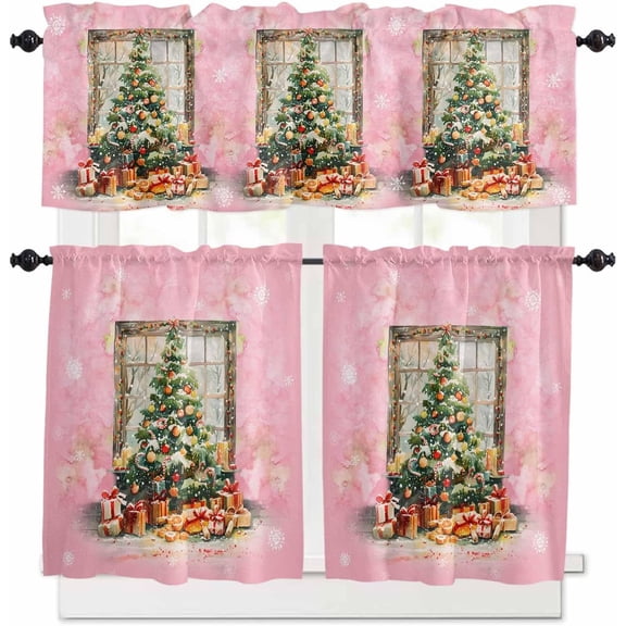Christmas Pink Kitchen Curtains and Valances Set, Rod Pocket Curtains Tier Farmhouse Window Curtains 36 Inch Length, Winter Green Xmas Pine Tree Snowflake 3 Piece Kitchen Curtains Set