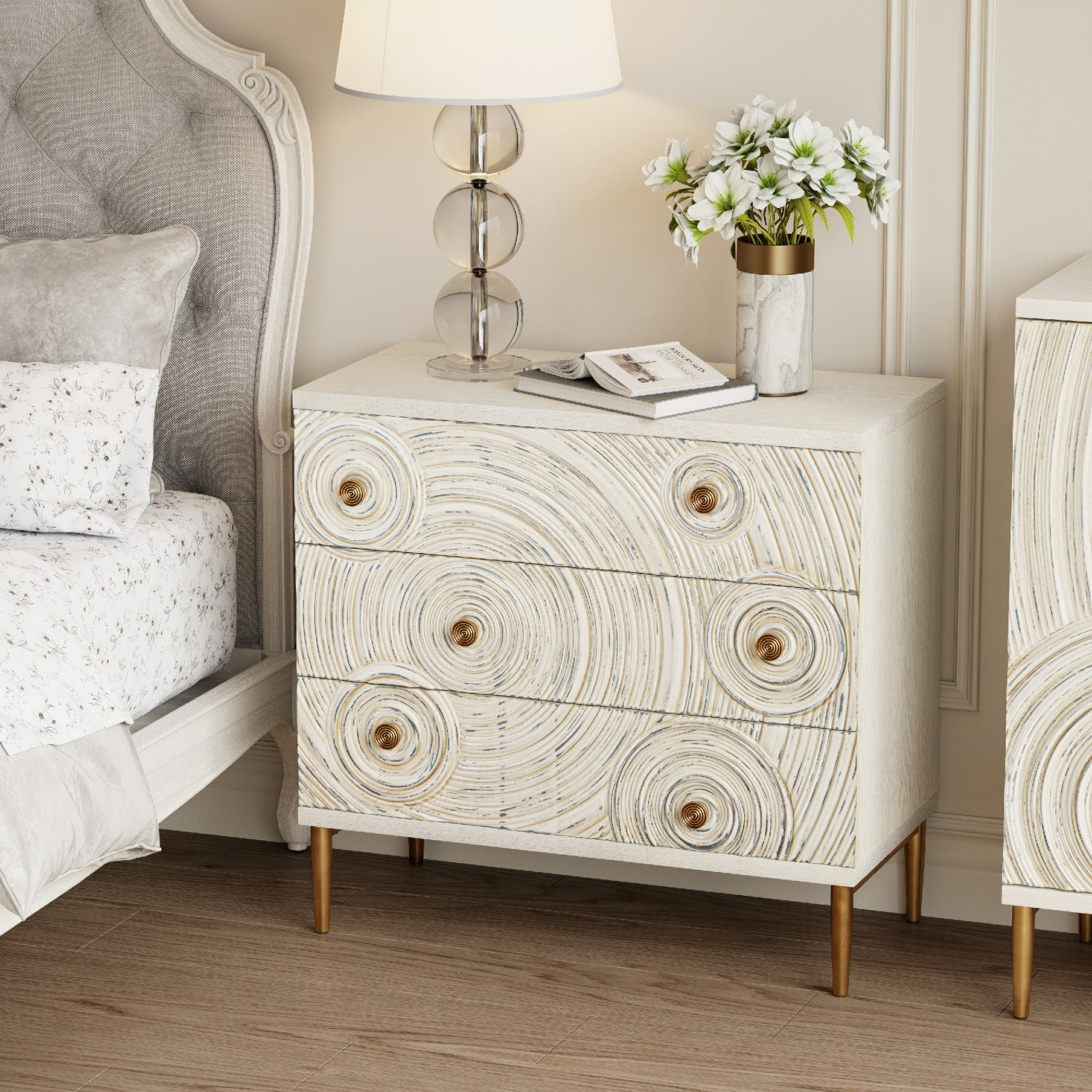 COZAYH Embossed 3 Drawer Farmhouse Dresser with Ring Motif, Distressed Boho Nightstand for Bedroom, Entryway, French Country, White & Gold