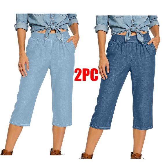 Tsesme 2PC Women's Faux Jean Capris Elastic Waist Straight Leg Denim-like Pants Summer Casual Loose Trousers