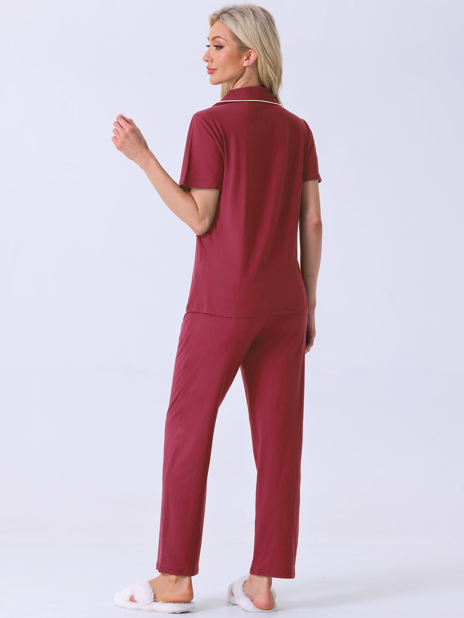 DARING DIVA Women's Pajama Set Button Down Soft Short Sleeve Long Pants XS Red