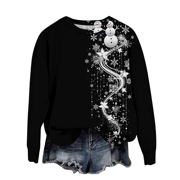 WTOBBY Women's Christmas Printed Long Sleeve Loose Round Neck Sweatshirt Top, Cozy and Lightweight for Fall Season, Holiday Theme Fashion Top for Casual and Party Wear,Black L