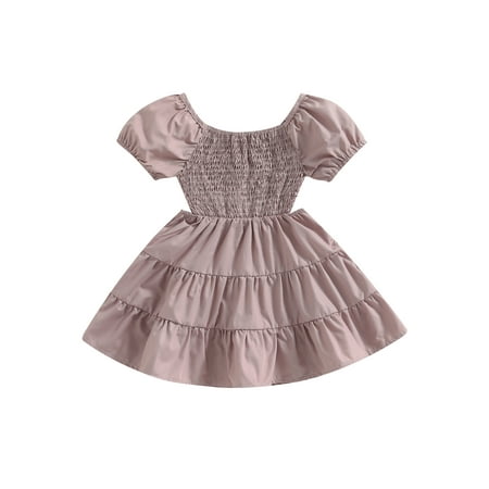 

Toddler Baby Girl Dresses Short Sleeve Off Shoulder Ruffled Solid Princess A-Lined High Waist Dress