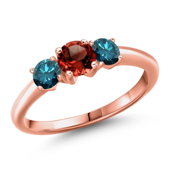 Gem Stone King 18K Rose Gold Plated Silver Red Garnet and Blue Diamond Engagement Ring for Women | 1.09 Cttw | Round 5MM | Gemstone January Birthstone | Size 9