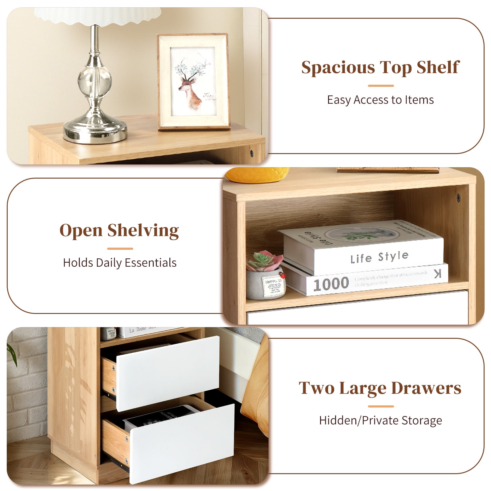 Ktaxon NightStand Set of 2 with 2 Storage Drawers BedsideTable, End Side for Bedroom, Country Style Oak