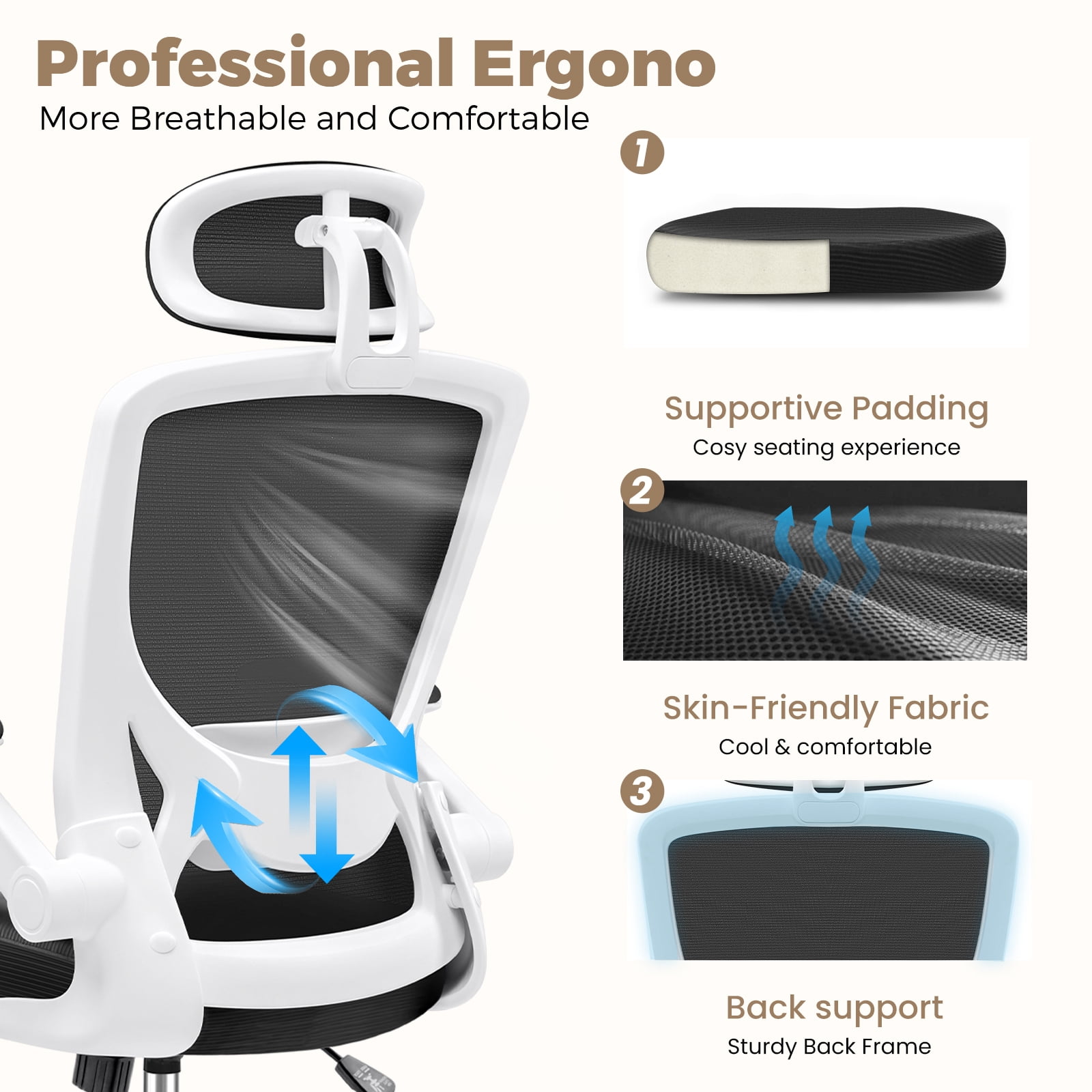 COOLHUT Office Chair Ergonomic Desk Chair, High Back Office Chair with Headrest, Big and Tall Comfy Home Office Desk Chair Lumbar Support Breathable Mesh Office Chair, White