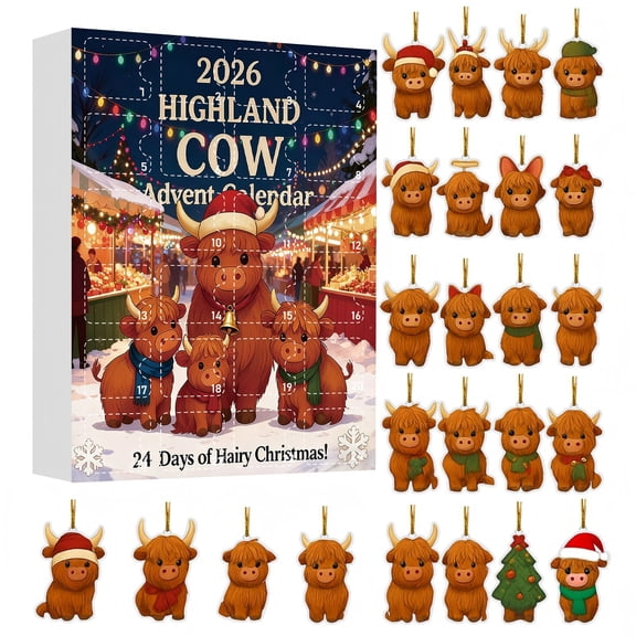 Highland Cow Advent Calendar, Christmas Countdown Calendar, 24PCS 2D Flat Cattle Hanging Ornaments, Lightweight Plastic Double Sided Cutout for Tree Wall Window