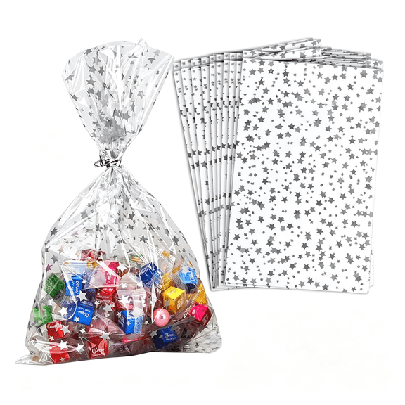 CCOCC 100Pcs Star Printed 5"X 7" Gift Wrap Cello Cellophane Treat Bags Party Favor Bags Clear Candy Cookie Bags Plastic Poly Goodie Storage Bags for Bakery,Party Decorations