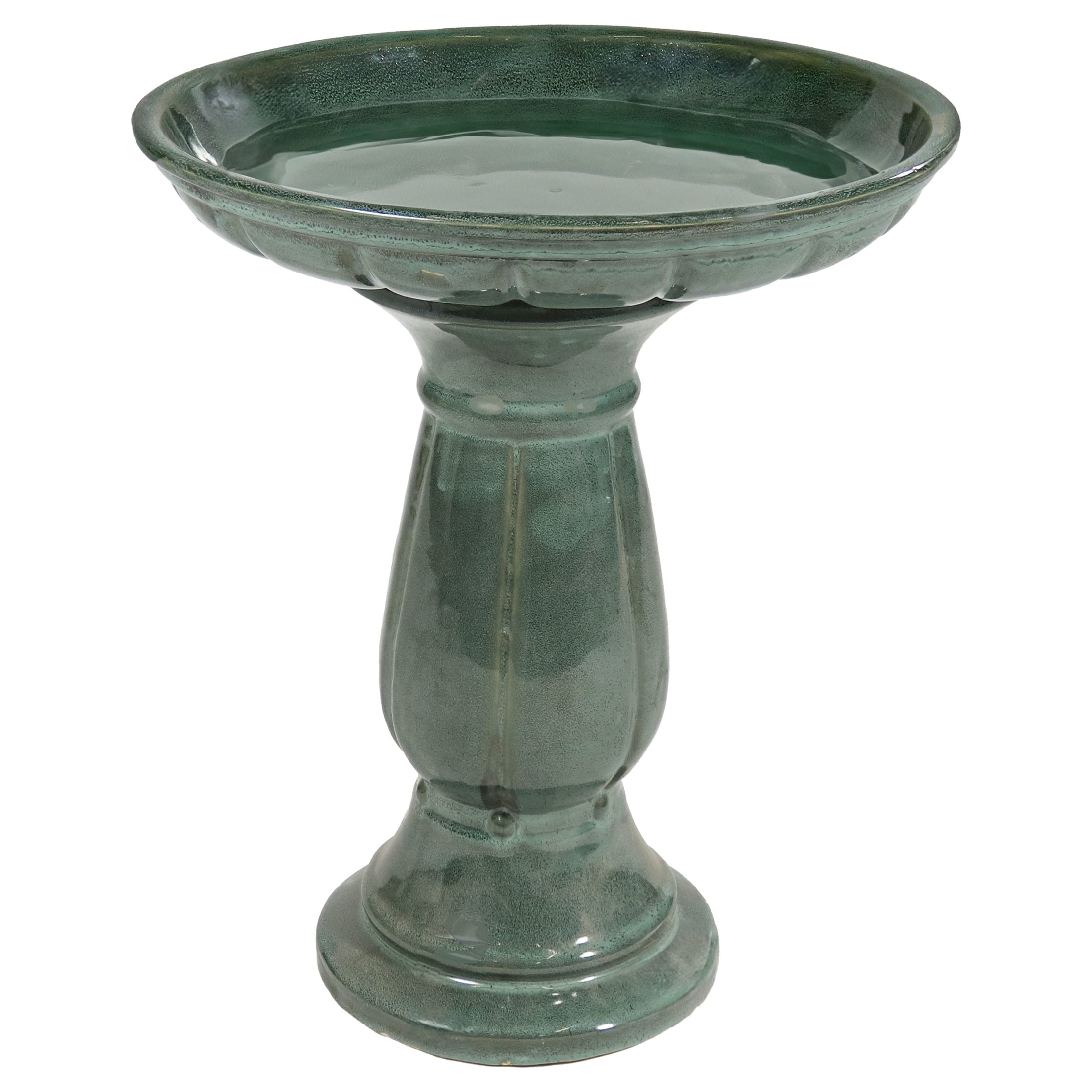 Sunnydaze Avignon Freestanding Ceramic Outdoor Bird Bath, UV-Resistant Green Mist Finish