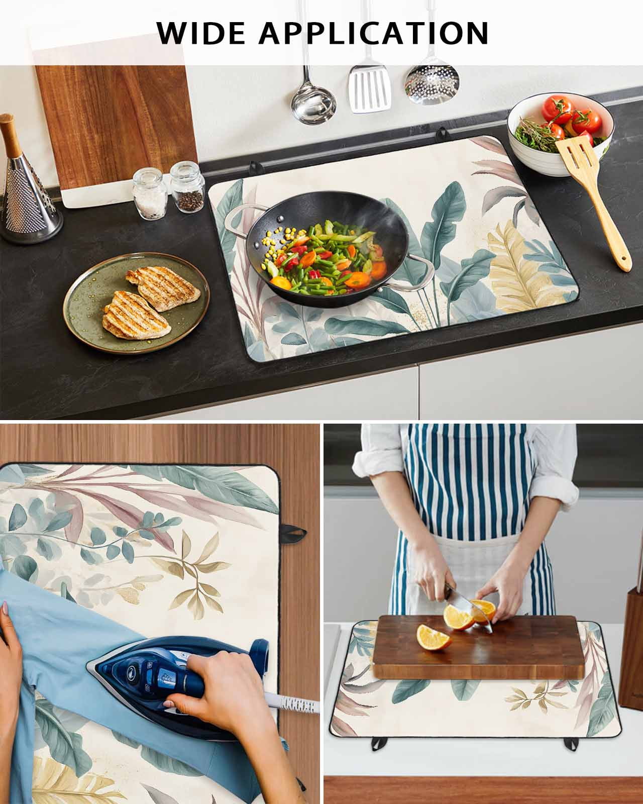 nqOlkjepod Large Induction Cooktop Protector Mat 24"x21", Sage Green Tropical Leaves Stove Top Covers for Electric Stove, Watercolor Botanical Stove Burner Cover Mats, Glass Top Stove Cover