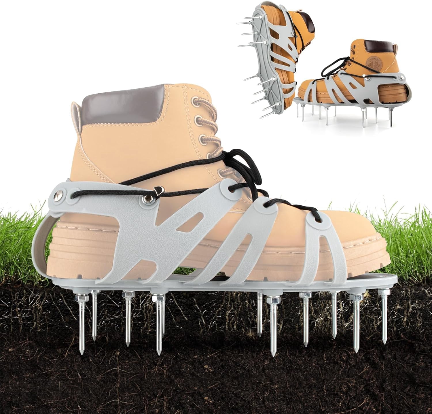 RGHJAR-Lawn Aerator Shoes - Wrap Around Lacing Design Spiked Shoes for Lawn Aerator, Flexible Bendable Sole Walk Freely One Size Fits All, Grass Aeration Spikes Tools