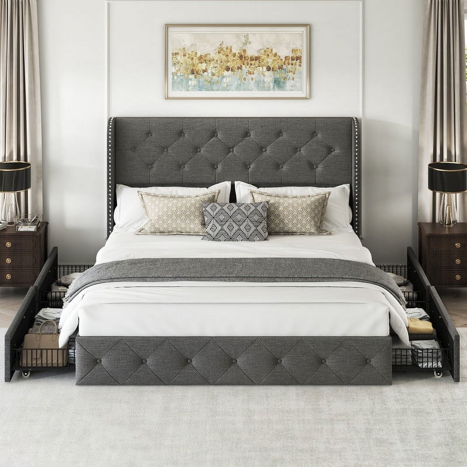 Breltam Queen Size Bed Frame with 4 Storage Drawers, Wingback Tufted Headboard, LED Lights, Light Grey Velvet Upholstered Platform Bed, No Box Spring Needed