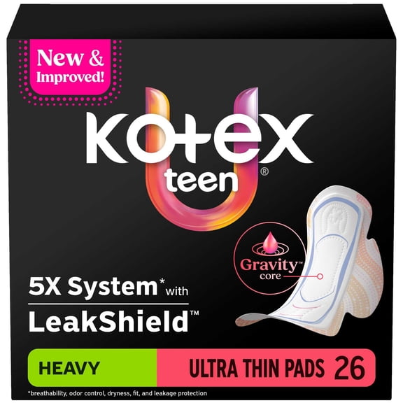 Kotex Ultra Thin Teen Pads with Wings, Heavy Absorbency, 26 Count