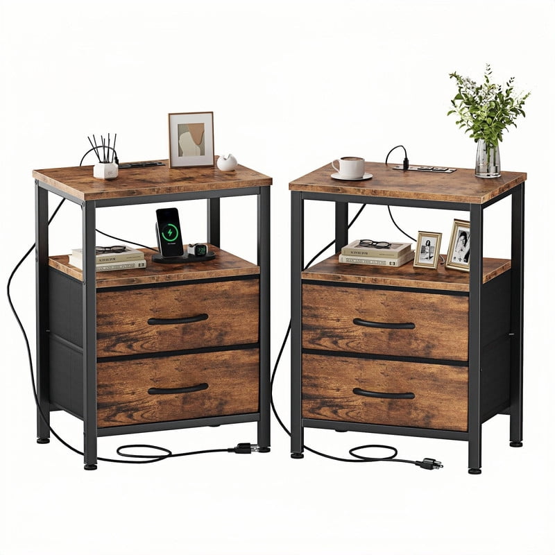 Kelno 2PCS Nightstand with 2 Fabric Drawers Charging Station USB TypeC Outlets Small Bedside Table with Open Storage Shelf, Rustic Brown
