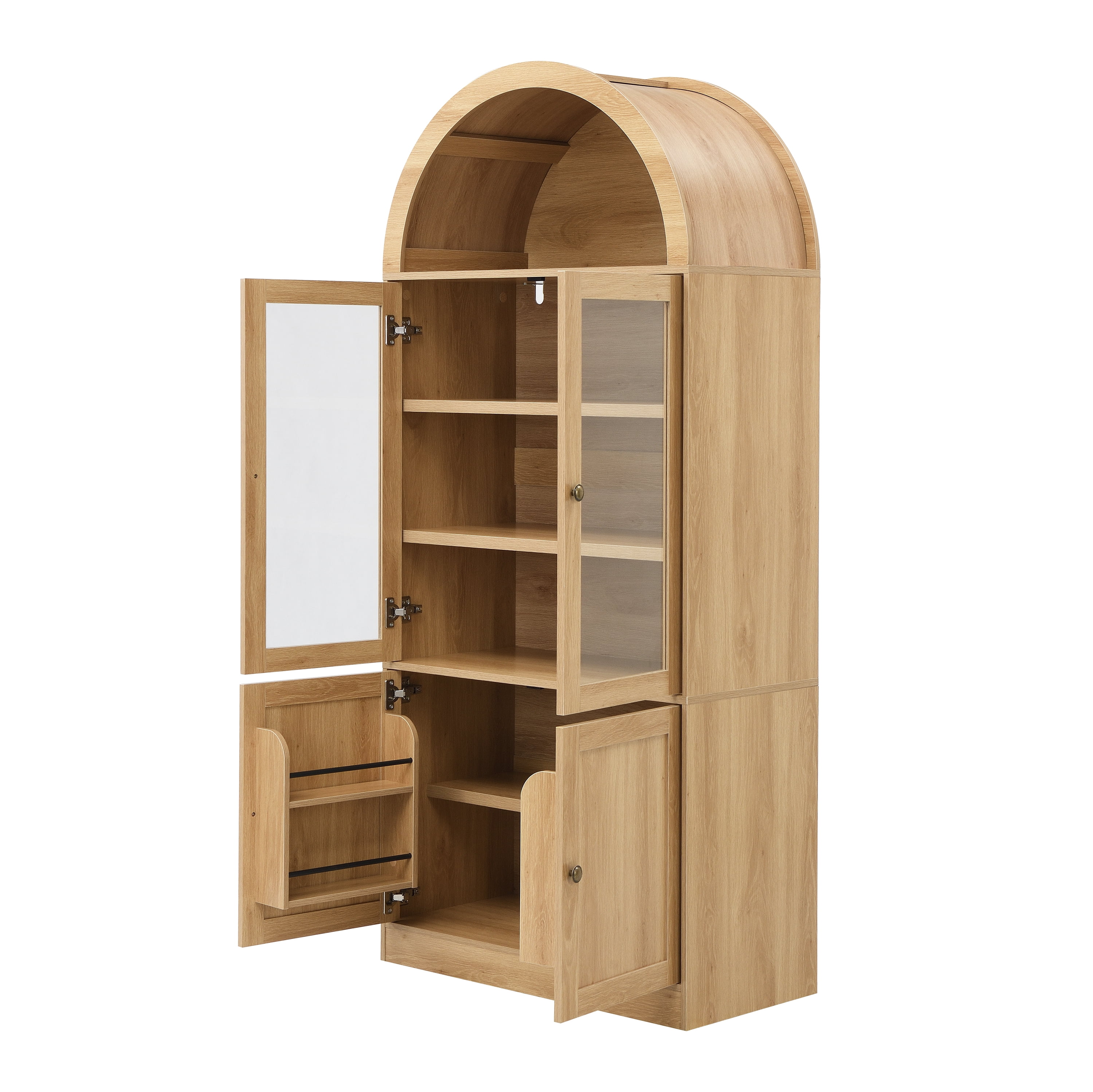 Storage Cabinet with Arched Top and Tempered Glass Doors 5-Tier, Tall Display Cabinet and Bookcase with Door Organizer for Bathroom Living Room, Natural
