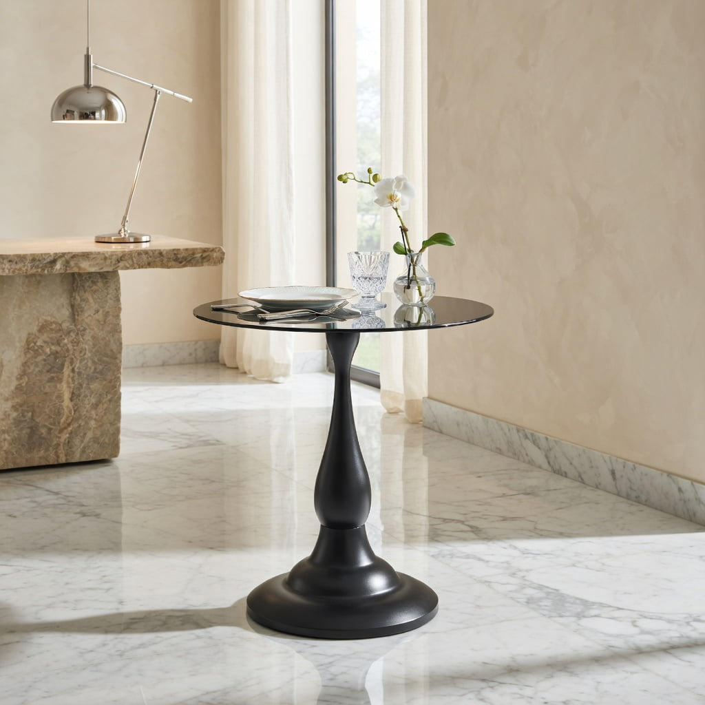 Hommoo Vintage Matte Round Side Table with Tempered Glass Top, 20.3" H, 19.6" Diameter, Sturdy Metal Base for Bedroom, Living Room, or Patio, Black