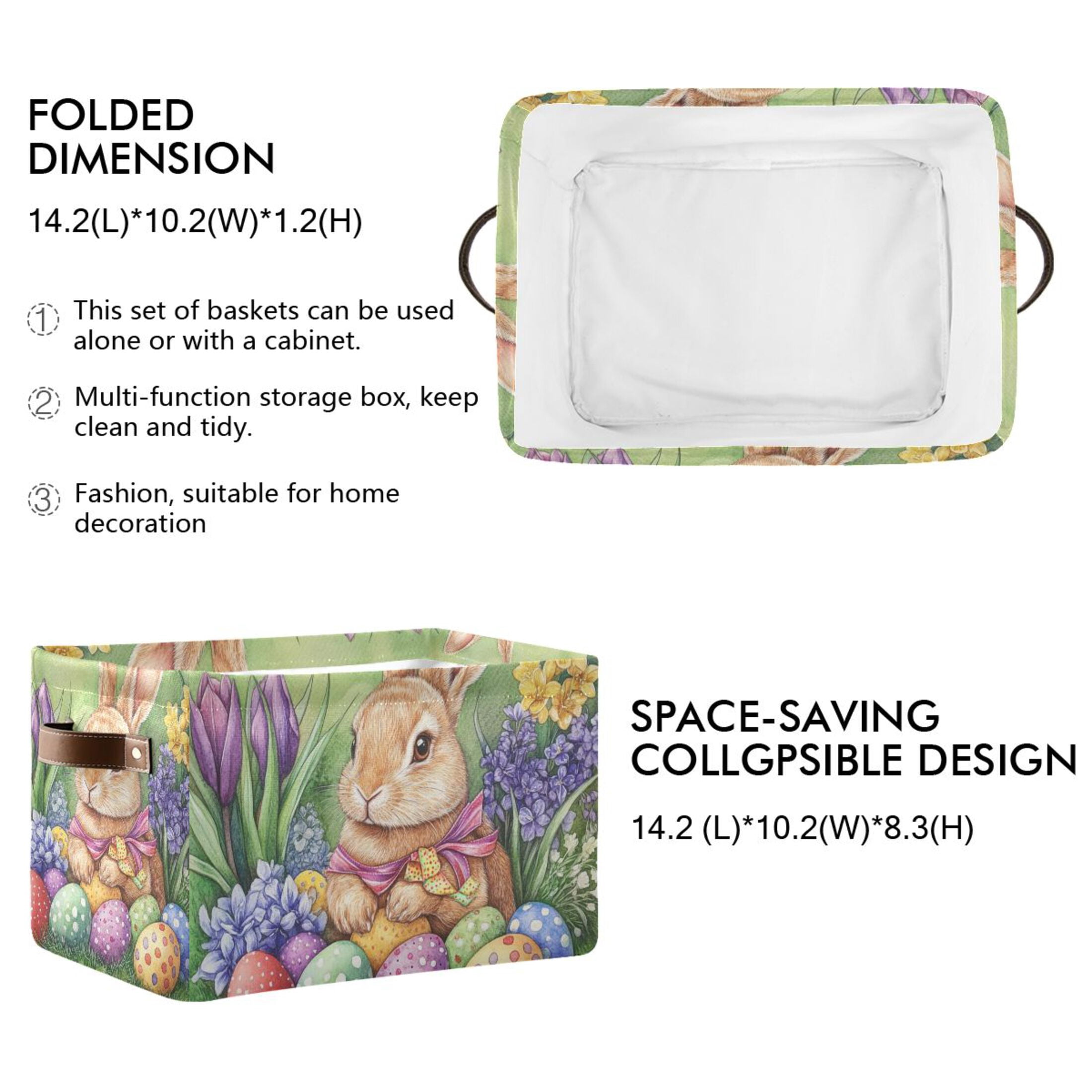 WOBOGO Easter Orange Bunny Square Storage Basket with Waterproof Canvas and PE Lining Durable PU Leather Handles 14.2×10.2×8.3in