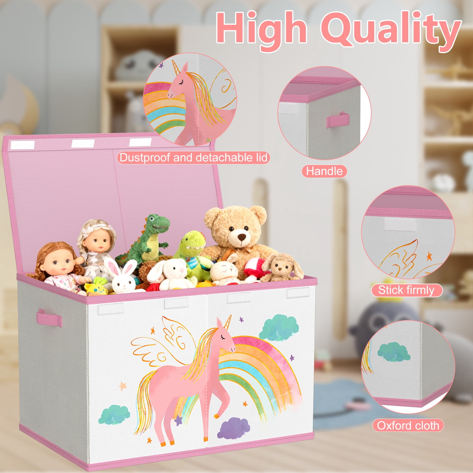 Toy Storage Box with Lids for Girls Boys - Fabric Large Kids Toy Chest Container, Foldable Basket Organizer with 2 handles for Toys, Books, Blankets, Clothes (Beige&Pink)