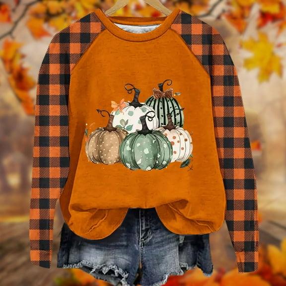 Raeneomay Long Sleeve Shirts for Women Ladies Winter Casual Round Neck Hooded Thanksgiving Plaid Printed Shoulder SweatShirt Round Neck Top