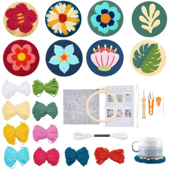 8 Pcs Punch Needle Kit for Adults Beginners Flower Punch Needle Coaster Kit Rug Tufting DIY Embroidery Kits Art Craft Supplie with Stamped Fabric Hoops Yarns and Sewing Needles