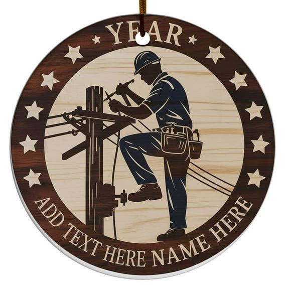 Ceramic Lineman Christmas Ornament for 2025 - Santa's Favorite, First Christmas As Electrician, Custom Name Text & Gift for Retired Lineman, Circle Christmas Ornament