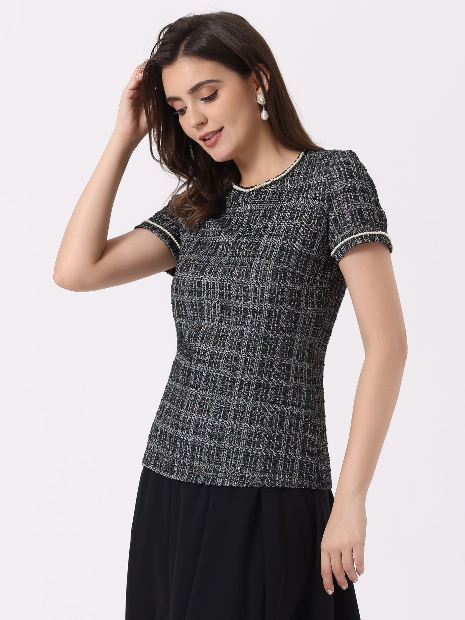 DARING DIVA Women's Round Neck Short Sleeve Tweed Top L Black White