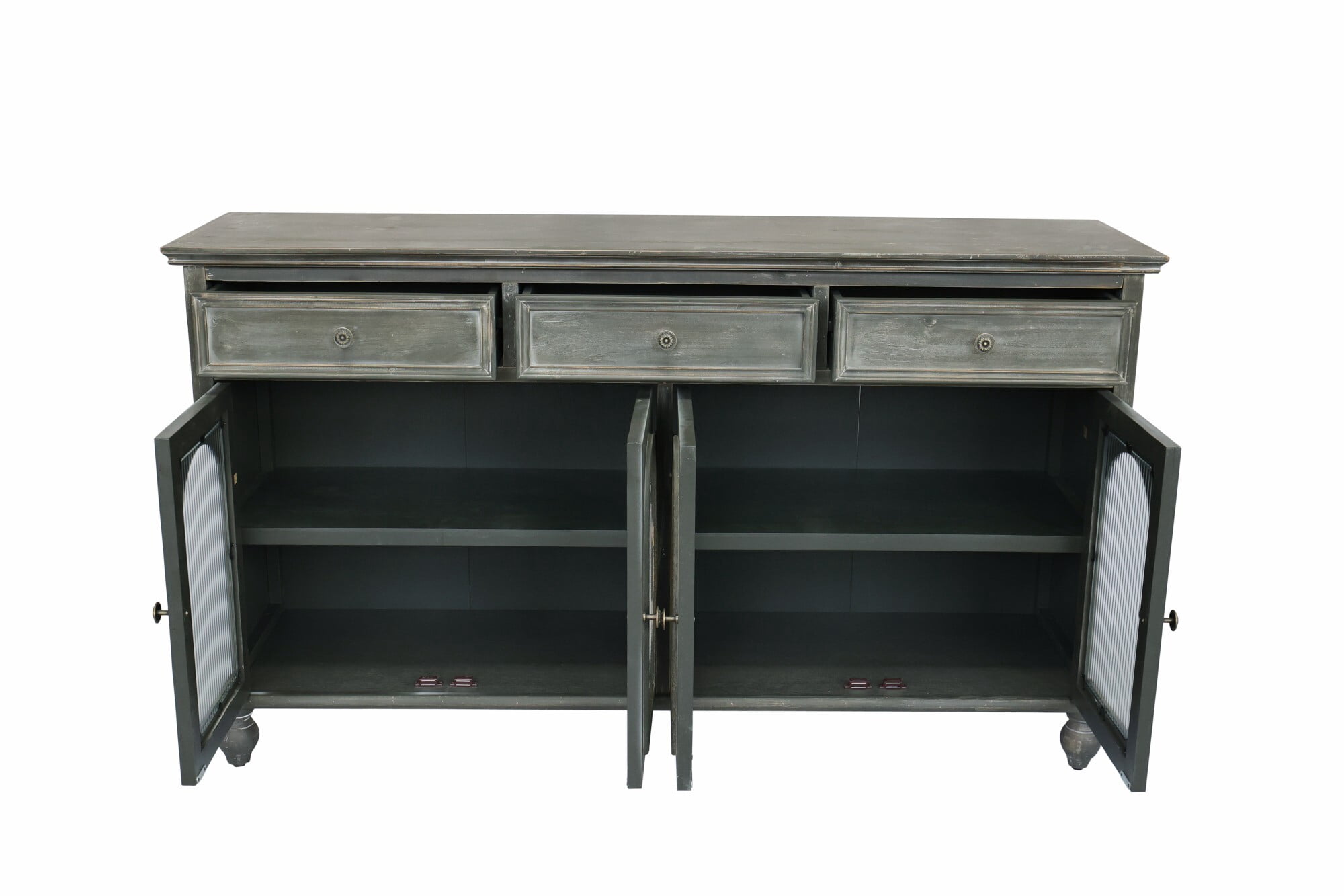 AENKYO 59" Farmhouse Sideboard Buffet, Distressed Wood Credenza with 3 Drawers & 4 Fluted Glass Doors, Gray