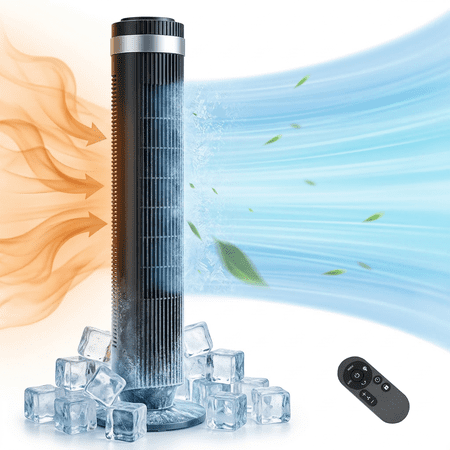 Blazezo Tower Fan With Remote, 64° Oscillating Bladeless Cooling Fan, 28dB Quiet Standing Floor Fan for Bedroom Home Office, 5 Speeds 4 Modes 12H Timer