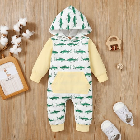 

Baby Unisex Cotton Fish Print Autumn Long Sleeve Hooded Romper Jumpsuit Clothes B 90