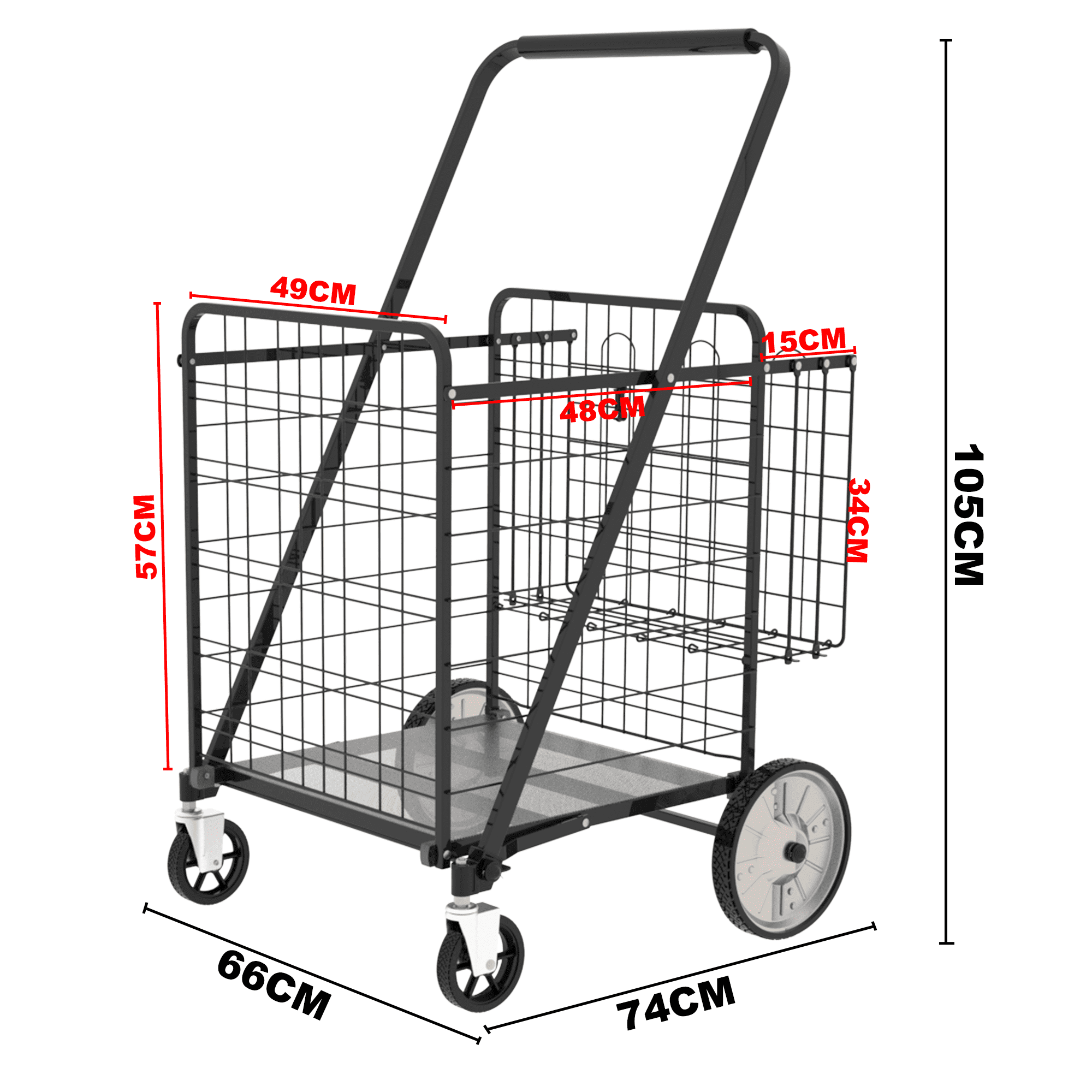 Yoneston Heavy Duty Shopping Cart with Double Basket, Supports up to 375 lbs, Bigger Folding Grocery Cart with Waterproof Oxford Cloth Lining for Shopping, Grocery, Outdoor, Black