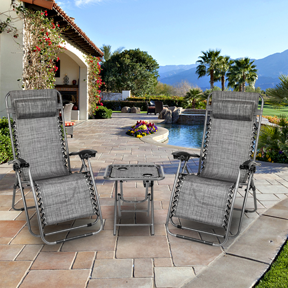 Zero Gravity Chairs and Table with 2 Cup Holder Set, 3 Pieces Adjustable Folding Lounge Recliners with Head Rest Pillow, Lounge Chair Outdoor for Garden Yard Beach Pool, Support 350lbs , Q1566 - image 1 of 10