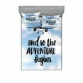 thumbnail image 1 of Saying Bedding Set with Sheet & Covers, Airplane Vacation Doodle Hand Lettering Adventure Words Cloudy Sky Ink Art, Printed Bedroom Decor 2 Shams, 4 Sizes, Blue Black and White, by Ambesonne, 1 of 3