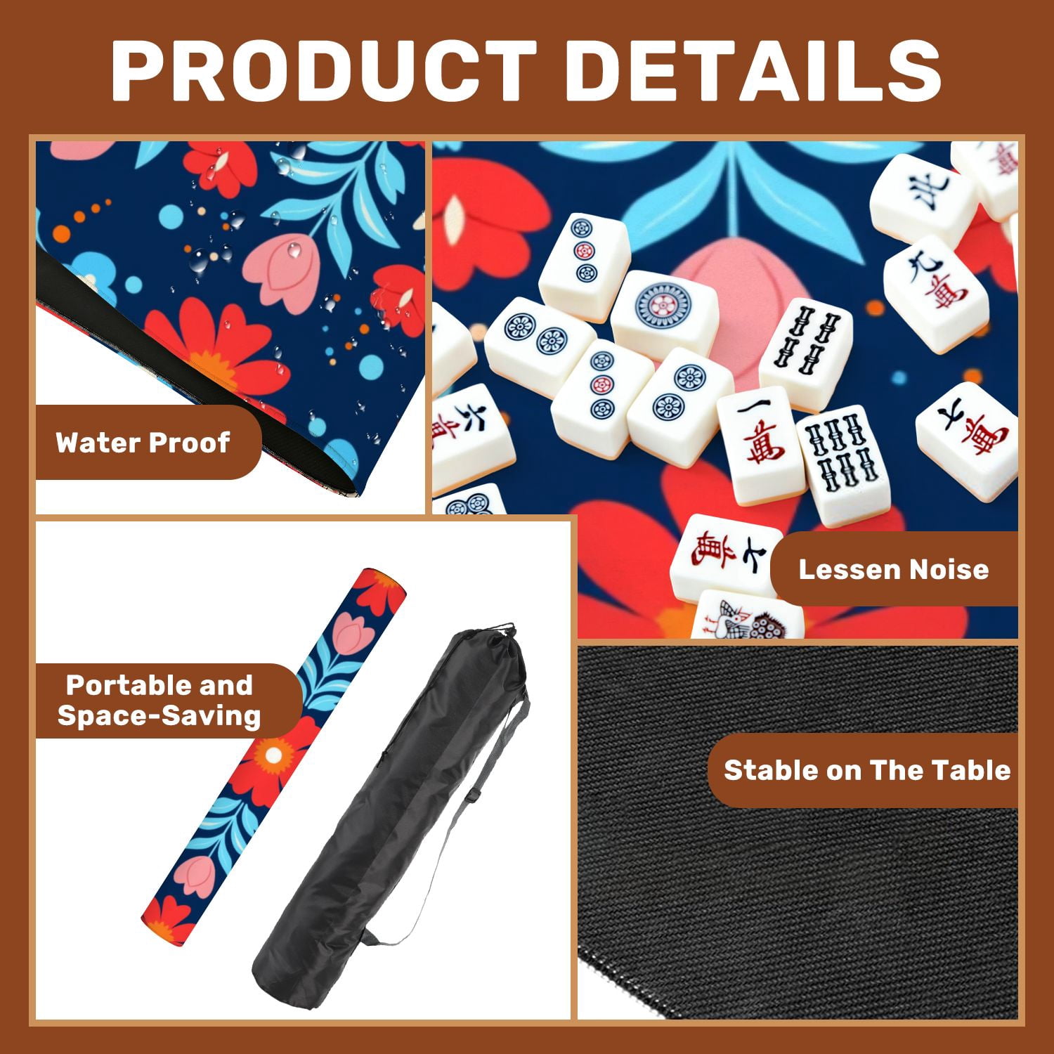 Mahjong Mat 31.5" x 31.5" Symmetrical Floral Folk Red Pink Flowers Dark Blue Non-Slip Noise Reduction American Mahjong Tiles Table Cover for Dominoes Poker Card Board Games Gift