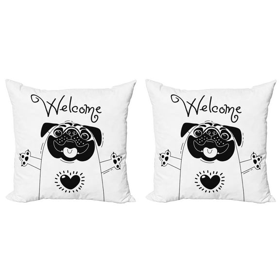 Ambesonne Pug Throw Pillow Cover 2 Pack, Black and White Dog, 16", Black White