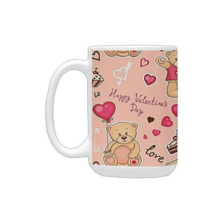 

Valentines Day Decor Teddy Bear Heart Balloons Cupcakes Desserts Cute Romantic Image Print Multicolo Ceramic Mug (15 OZ) (Made In USA)