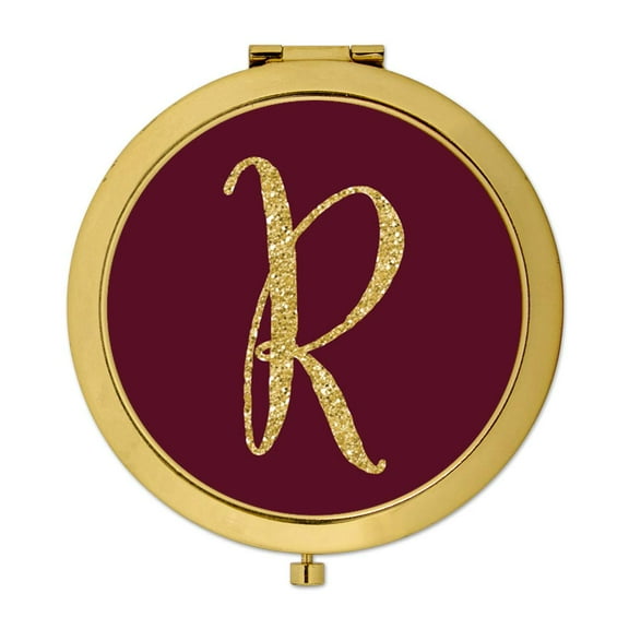 Koyal Wholesale Gold Compact Mirror Bridesmaid's Wedding Gift, Burgundy Maroon Jewel Tone , Monogram Letter R, 1-Pack