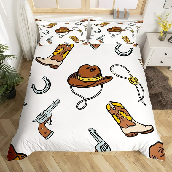 Cowboys Gifts for Men,Cowboy Hat Duvet Cover Queen,Cowboy Boots for Women Bedding Set U-Shaped Magnet Horseshoe Comforter Cover Farmhouse Hunting Bed Set,Country Western Room Decor