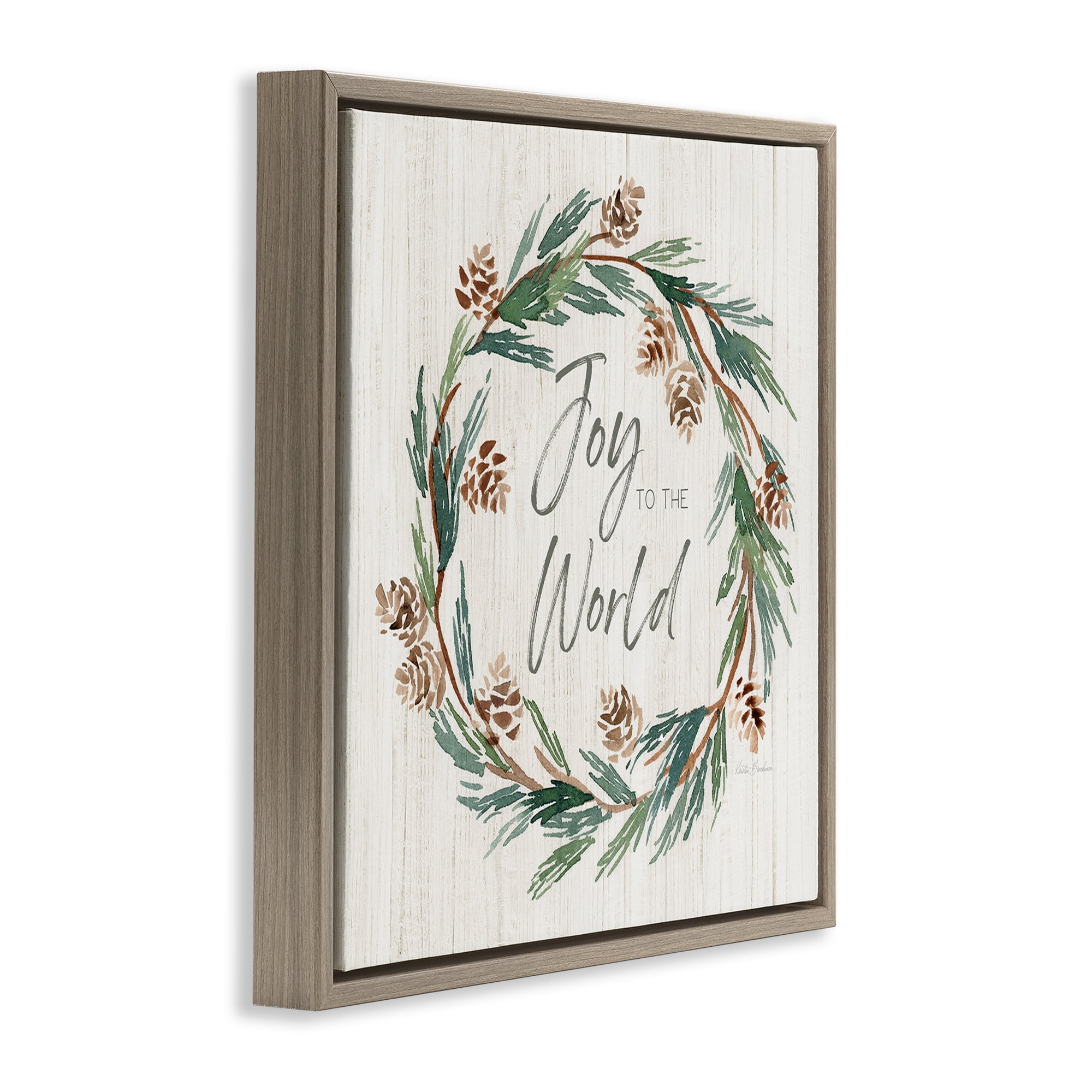Stupell Industries Joy Pinecone Wreath Holiday Painting Brown Floater Framed Canvas Art Prints Wall Art, 18 x 18